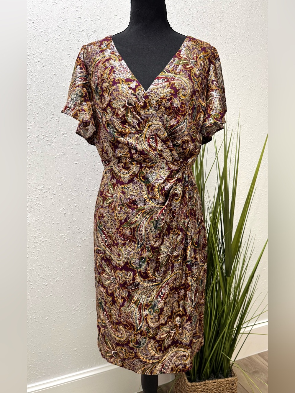 Lauren Ralph Lauren Burgundy Paisley Wrap Dress with Gold Accents